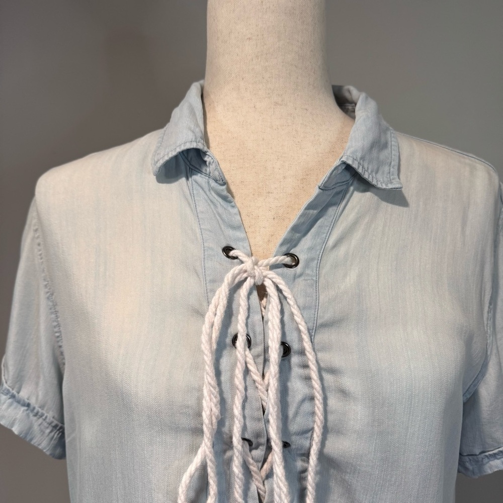 Rails Vintage Wash Chambray Short Sleeve Shirt Dress Lace Up Front Coastal S - Picture 4 of 14